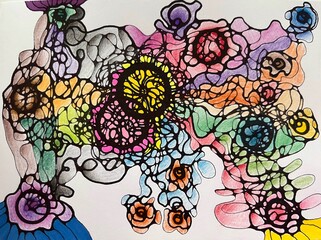 Neurographic style concept abstract traditional art illustration, circle, lines, markers and pencils