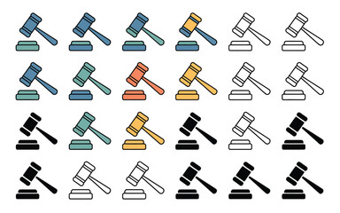 Vector art of collection of gavel illustrations in various colors and styles a versatile set for legal, auction, or decisionmaking themed designs and projects