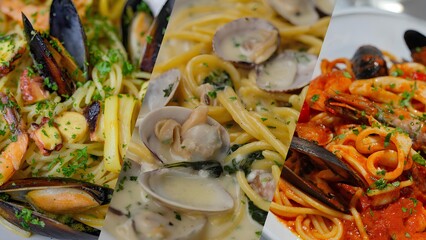 Triptych, collage of three photographs of Italian pasta with seafood in white, cream, and tomato...