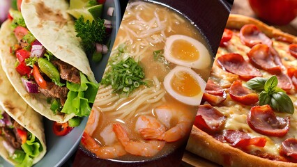 A triptych featuring international cuisine: Mexican tacos, Japanese ramen, and Italian pizza. A collage of three dishes from different countries: juicy tacos, ramen, pepperoni pizza. 
