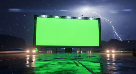 A large green screen billboard on a highway at night during a dramatic thunderstorm with lightning.