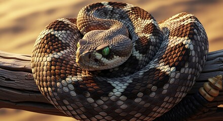 Obraz premium Rattlesnake coiled on wood desert background reptile wildlife animal danger wild nature close-up photography
