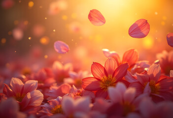 Floating Flower Petals in Golden Sunlight Glow