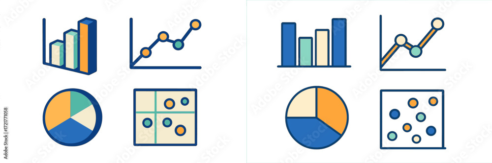 Poster various types of data visualizations including bar graphs, line graphs, and pie charts in a modern d