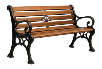 Park bench with wooden slats and ornate black cast iron frame.