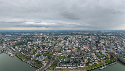 Panorama View of Great Saint Martin Church and Cathedral in Cologne City Downtown, Germany. Rhine River. Drone