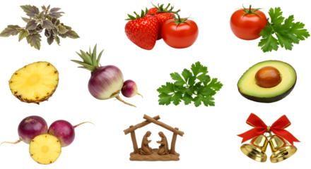 Fresh herbs, fruits, and vegetables with Christmas nativity scene and bells isolated on white background, ideal for festive recipe or holiday cooking concepts