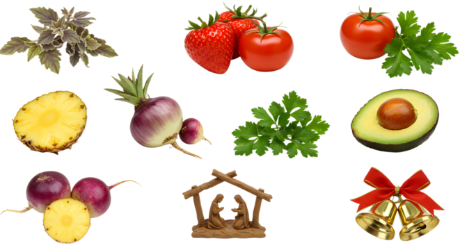 Fresh herbs, fruits, and vegetables with Christmas nativity scene and bells isolated on white background, ideal for festive recipe or holiday cooking concepts