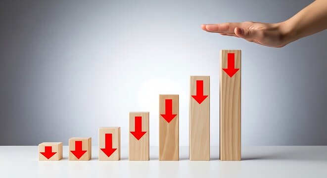 Wooden blocks graph chart decreasing hand protection concept Minimalist studio shot photography