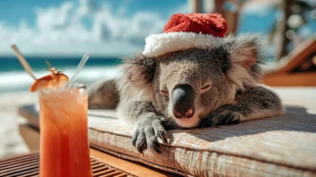 A playful koala lounges comfortably on a beach chair wearing a Christmas hat, enjoying a tropical drink on a sunny day.