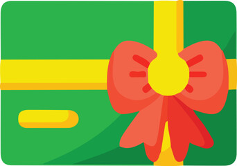 A green gift box with a red bow and yellow ribbon
