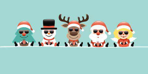 Banner Baum Schneemann Rentier Weihnachtsmann Und Engel Mit Sonnenbrille Türkis