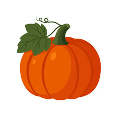 Round orange pumpkin with green leaf flat vector illustration