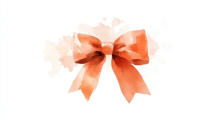 Beautiful orange watercolor ribbon bow for decorative purposes, white isolated background.