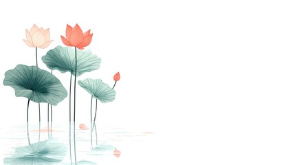 Beautiful lotus flowers with leaves on a calm water surface, minimalistic design, white background.