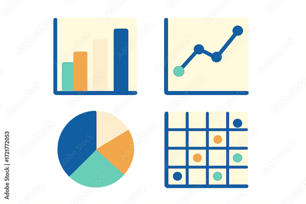 Poster colorful data visualization graphics displaying bar graphs, line charts, pie charts, and a grid of d
