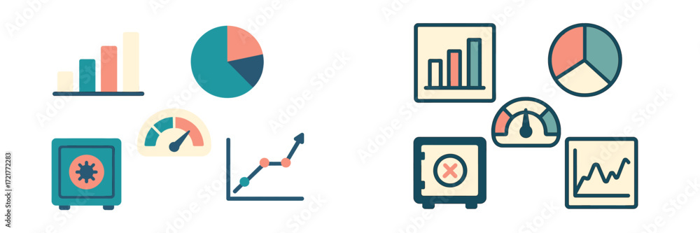 Poster charts and graphs showing financial data and statistics from various sources in a clean, modern desi