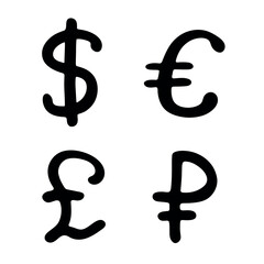 Hand drawn multiple currencies symbol set Dollar euro pound ruble