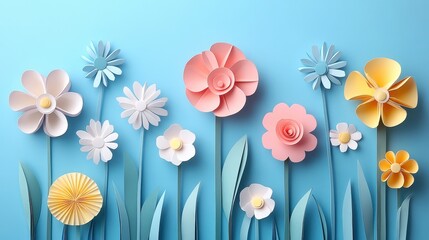 Colorful paper flowers in various shapes and sizes against a blue background.