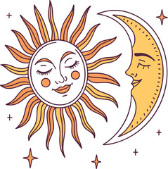 Vector art of a smiling sun and moon with cartoon clouds and a boy's head