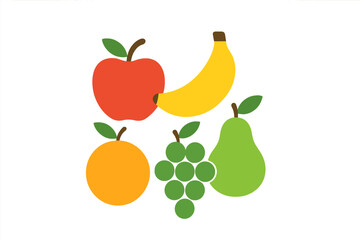 Colorful assortment of fruits including apple, banana, orange, grapes, and pear on a white background