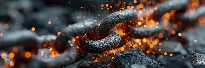 Close-up view of a metallic chain glowing with sparks on a dark background