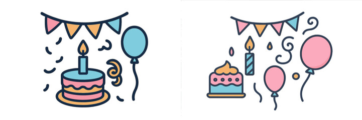 Colorful birthday decorations with cake, balloons, and cheerful elements create a festive atmosphere