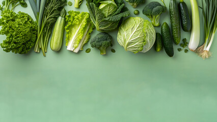 Flatlay of fresh vegetables on green background