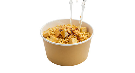 Instant cup noodles with tofu and chopsticks, quick Asian snack or meal for busy days