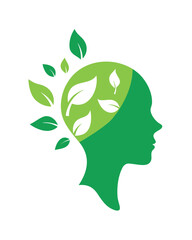 Green human head silhouette with leaves growing from it