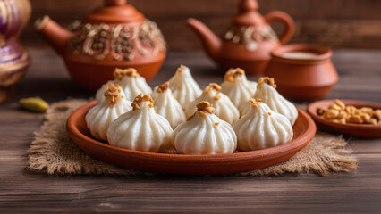 Fototapeta premium Delicious dumplings, a traditional treat served on an earthenware plate, set against a rustic wooden backdrop. A culinary delight. #foodphotography