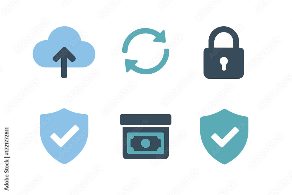 Poster various digital security and data protection icons showcasing cloud upload, synchronization, and sec