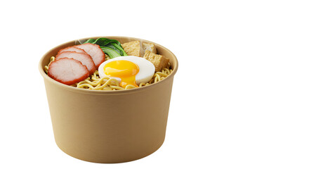 Instant ramen noodle soup with sliced pork, boiled egg, and vegetables in a disposable brown paper bowl, perfect for quick meals or lunch