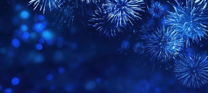 The vibrant blue fireworks illuminating the night sky in celebration.