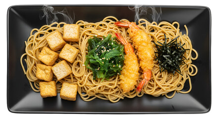 Japanese soba noodles with fried shrimp tempura, tofu cubes, seaweed, and spinach served on a black rectangular plate, perfect for Asian cuisine menus