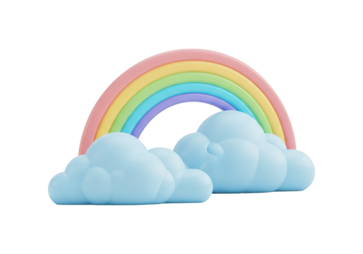 Pastel rainbow with clouds isolated on transparent background in 3d rendering