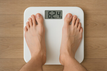 Closed-up image of a man's feet being weighed on a scale