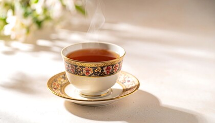Delicate teacup on a saucer, warm light, gentle steam