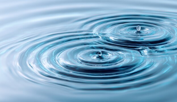 Two water droplets create concentric ripples on a light blue surface