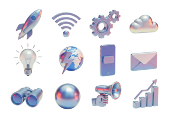 Set of 3d holographic icons isolated on transparent background for business