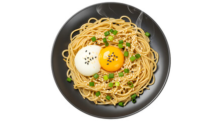 Plate of Japanese-style noodles with egg yolk, soft boiled egg, and green onions on black dish, traditional Asian food, perfect for restaurant menus
