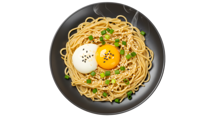 Plate of Japanese-style noodles with egg yolk, soft boiled egg, and green onions on black dish, traditional Asian food, perfect for restaurant menus