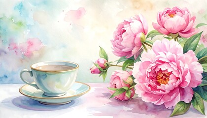 Delicate teacup and peonies in watercolor style