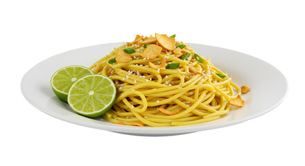 Plate of spaghetti pasta garnished with sliced garlic, green herbs and lime halves, isolated on white background, perfect for food menus and cooking blogs