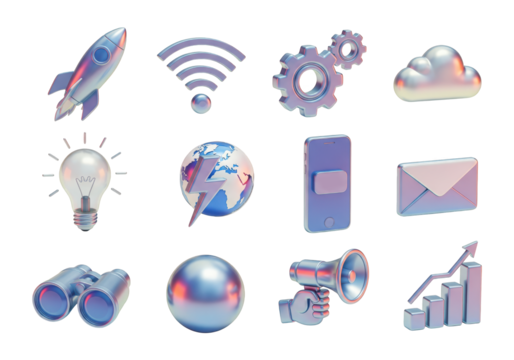 Set of 3d holographic icons isolated on transparent background for business