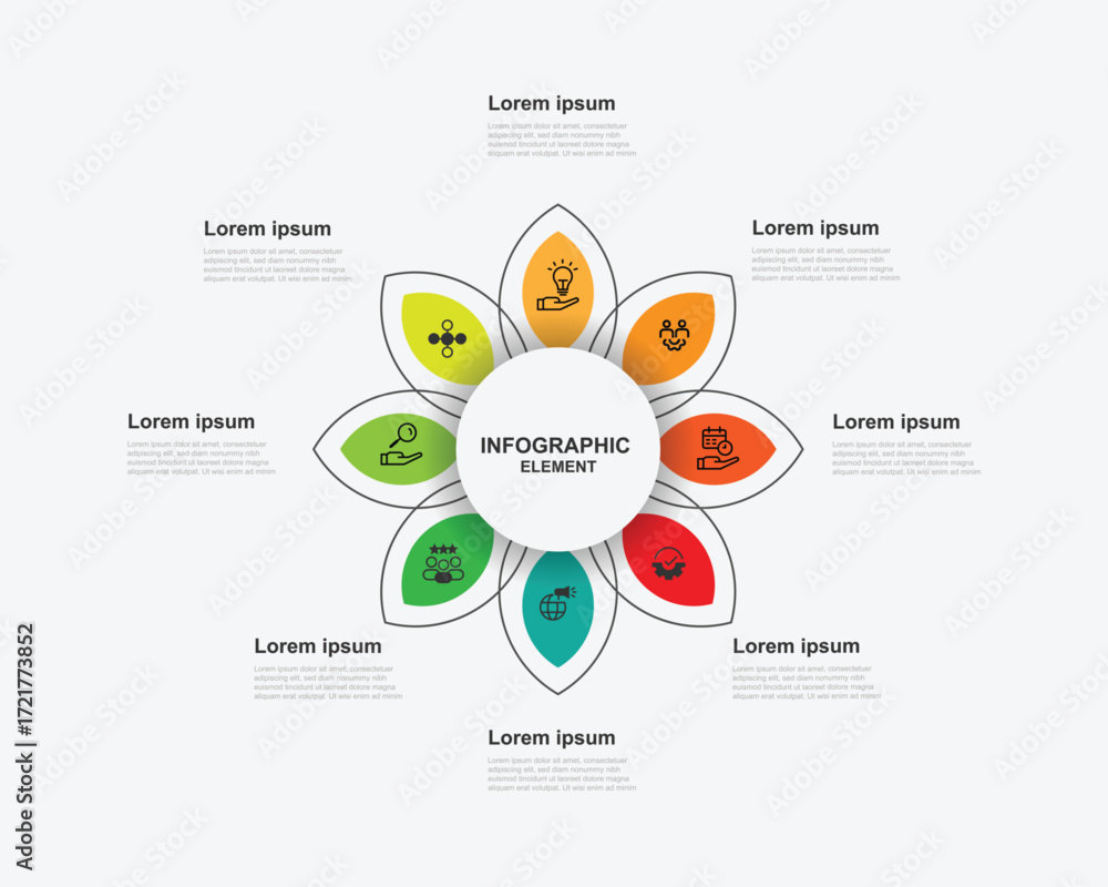Aufkleber circle flow concept infographic element. template information graphic with 8 step process and icons