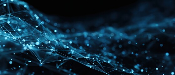 Abstract digital network wave.  Dark blue, glowing, interconnected lines and points