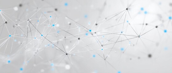Abstract network of interconnected points and lines.  A light gray background with light gray lines and blue dots