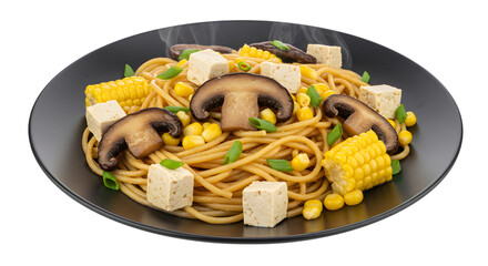 Plate of vegetarian pasta with mushrooms, tofu, corn, and peas on black dish, healthy meal idea, perfect for plant-based diets