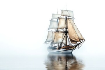 Fototapeta premium Tall Ship Sailing Through Mist Detailed View of Old Sailing Vessel on Water